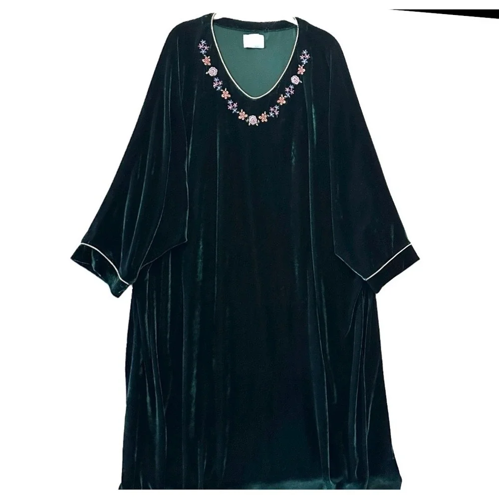 Sante Intimates Green Velvet Kaftan Robe House Dress Embroidered Oversized M